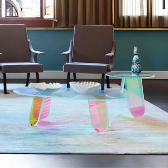 Exclusive Glas Italia Shimmer coffee table crafted in laminated and glued glass with iridescent multichromatic finish and clear glass legs
