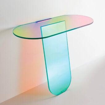 Exceptional Glas Italia Shimmer console crafted from laminated and glued glass with iridescent multichromatic finish