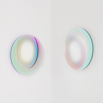 Distinguished Glas Italia Shimmer mirror crafted from extralight glass with degrading silvering and iridescent multichromatic finish