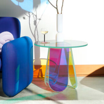 Captivating Glas Italia Shimmer side table crafted in laminated and glued glass with iridescent multichromatic finish