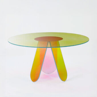 Exceptional Glas Italia Shimmer table crafted from laminated and glued glass with iridescent multichromatic finish in pale green and gradient hues