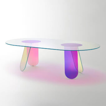 Superior Glas Italia Shimmer table crafted from clear laminated glass with organically shaped bases exhibiting iridescent multichromatic finish