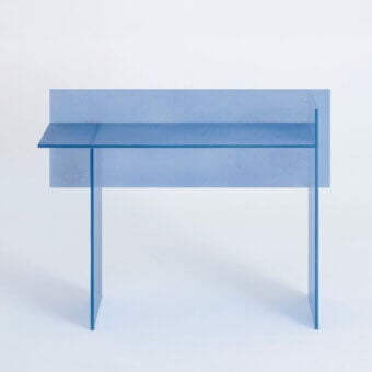 Distinguished Glas Italia Simoon desk crafted from pale blue extralight glass with a subtly frosted matte finish