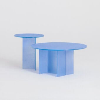 Elegant Glas Italia Simoon table pair in pastel blue crafted from ground polished extralight glass with shimmering texture