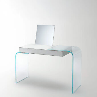 Elegant Glas Italia Strata desk crafted from glossy lacquered extralight glass with a matte light gray central section and integrated drawer
