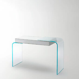 Exceptional Glas Italia Strata desk crafted from glossy lacquered extralight glass with a subtle blue tint and silver-grey metallic accent