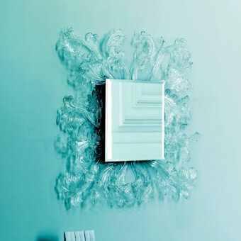 Exquisite Glas Italia Sturm und Drang mirror with swirling baroque-inspired frame in satin white, turquoise and teal hues crafted from hand-made Murano glass