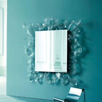 Distinguished Glas Italia Sturm und Drang mirror crafted with hand-made Murano glass in a baroque-inspired design with glossy finish