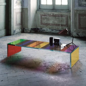 Distinguished Glas Italia Dark Side Of The Moon coffee table crafted in laminated extralight glass with vibrant multicoloured striped finish