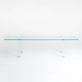 Elegant Glas Italia X-T rectangular table built with transparent extralight glass and polished stainless steel hardware
