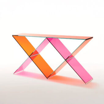 Distinguished Glas Italia XX console crafted in vibrant pink and orange tempered glass with polished chrome details and glossy finish