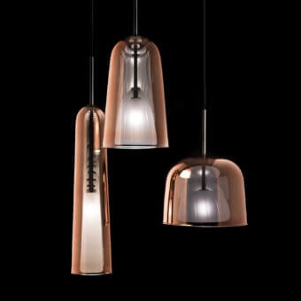 Distinctive melogranoblu Artusi suspension lamp with a double bell shape and metallic copper external finish crafted in Italy