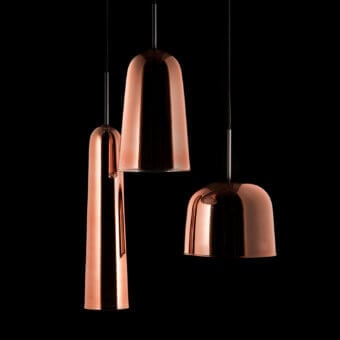 Elegant melogranoblu Artusi suspension lamp with a double bell shape and highly polished metallic copper finish