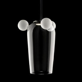 Exceptional melogranoblu Bartolomeo suspension lamp with hand-blown transparent glass and dark grey varnished metal canopy