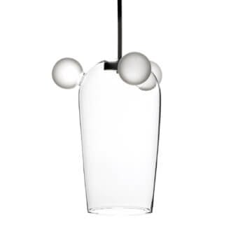 Superior melogranoblu Bartolomeo suspension lamp with clear hand-blown glass and frosted white spheres in dark grey varnished metal