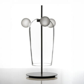Superior melogranoblu Bartolomeo table lamp with dark grey varnished metal and looping hand-blown glass adorned with frosted spheres
