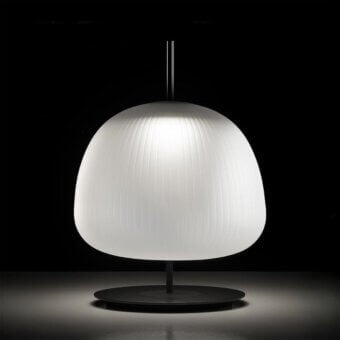 Remarkable melogranoblu Bes table lamp crafted in hand-blown glass with a frosted lampshade and matte dark metal base