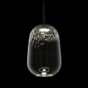 Exceptional melogranoblu Galuchat suspension lamp with hand-blown transparent glass and dark grey varnished metal structure