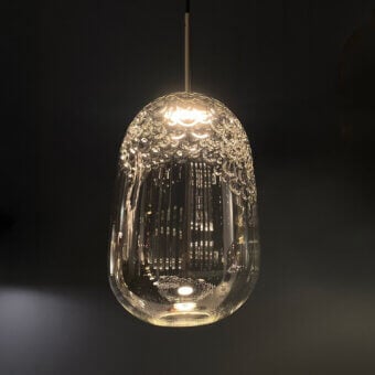 Exceptional melogranoblu Galuchat suspension lamp with transparent hand-blown glass and dark grey varnished metal structure