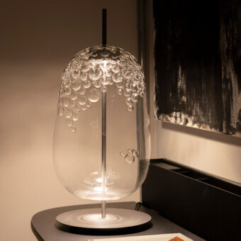 Elegant melogranoblu Galuchat lamp with hand-blown transparent glass, dark grey varnished metal, and glossy finish