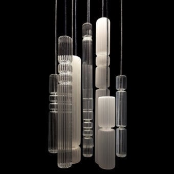 Captivating melogranoblu Gotham suspension lamp with ten pendants in clear and frosted ruled blown glass and mirrored metal canopy