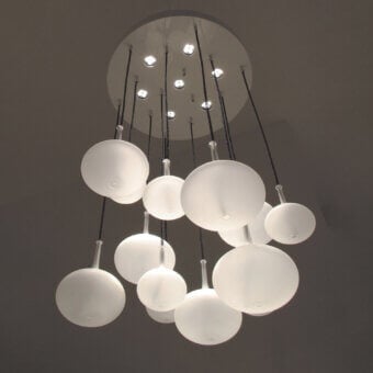 Exceptional melogranoblu Hydra suspension lamp with hand-blown frosted glass shades and mirror-finish metallic cords