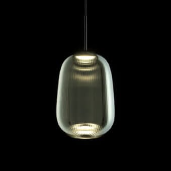 Distinguished melogranoblu Maat suspension lamp crafted in sapphire pleated blown glass with a black coated fabric cable