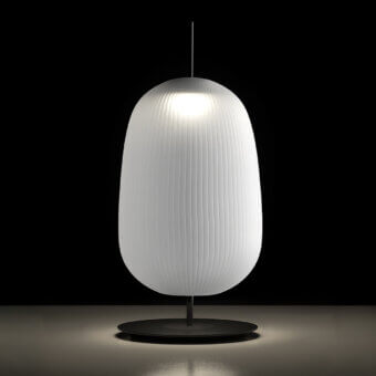 Distinguished melogranoblu Maat table lamp crafted in hand-blown glass with a white frosted shade and dark matte metal base