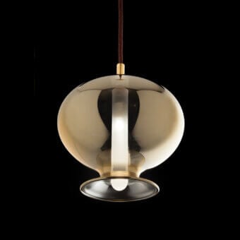 Captivating melogranoblu Opium suspension lamp with hand-blown glass and gold metallized finish illuminates with a central LED bulb