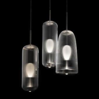 Exceptional melogranoblu Piero suspension lamp crafted in ruled handblown glass with a fluted effect and dark cord