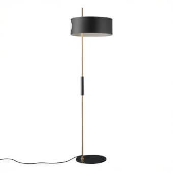 Exclusive Oluce 1953 floor lamp with a slender silhouette and clean geometric lines in satin gold metal with a black base and shade