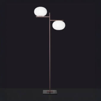 Superior Oluce Alba floor lamp in brushed metal with opaque white glass spheres and an anthracite base