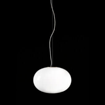 Elegant Oluce Alba suspension lamp in translucent white with a satin-finish metal cable embodies graceful luminous design