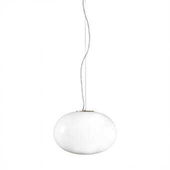 Exceptional Oluce Alba suspension lamp in glossy white glass with a satin-finish metal cable offering balanced geometry