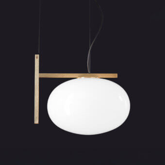 Distinguished Oluce Alba suspension lamp in frosted glass with delicate black cables and satin-finish hardwood mounting