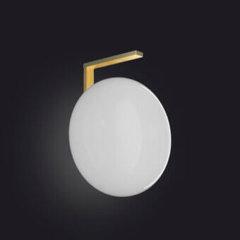 Distinguished Oluce Alba wall lamp in matte white with a satin gold-toned metal arm presents balanced proportions and curved lines