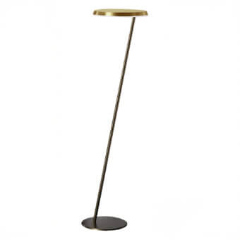 Elegant Oluce Amanita floor lamp with a slender form and golden-yellow lampshade in dark satin-sheen metal