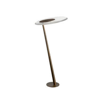 Distinguished Oluce Amanita floor lamp crafted in bronze-toned metallic with a white lampshade and gently curved elongated lines