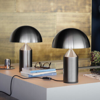 Superior Oluce Atollo Metal Table Lamp crafted in polished metal with a warm neutral white glossy finish