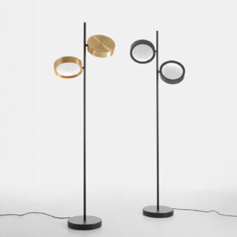 Distinguished Oluce Berlin floor lamp with rotating diffusers and golden tone metal framing wired glass discs