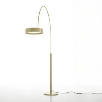 Distinguished Oluce Berlin-Out arched floor lamp with sleek metal form and satin finish in a muted gold tone