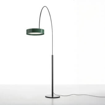 Exclusive Oluce Berlin-Out arched floor lamp with a muted green shade and darker metal finish crafted in Italy