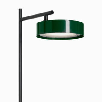 Superior Oluce Berlin-Out floor lamp with sleek black metal and saturated green cylindrical lampshade crafted in Italy
