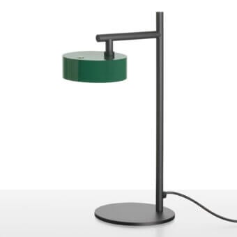 Superior Oluce Berlin-Out lamp crafted in metal with a matte finish, presenting a deep green shade and dark gray pivoting arm