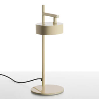 Elegant Oluce Berlin-Out lamp crafted in beige metal with a smooth matte finish, exhibiting a cylindrical silhouette and rotatable arm