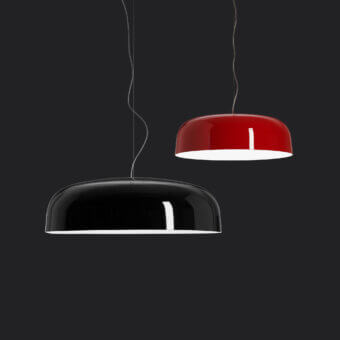Distinctive Oluce Canopy suspension lamp with a glossy red finish and hemispherical metal form crafted in Italy