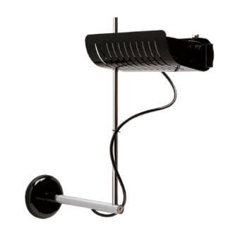 Superior Oluce Colombo wall lamp crafted in metal with a glossy black finish and polished chrome accents