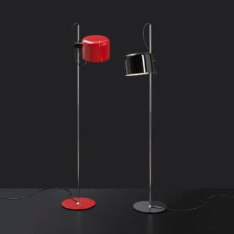 Elegant Oluce Coupé floor lamp with glossy metal and striking red semi-cylindrical dome offers directed lighting