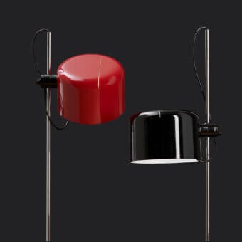 Exceptional Oluce Coupé floor lamp with a glossy red semi-cylindrical shade and polished metal pole
