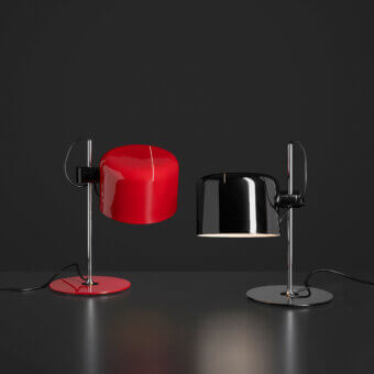 Exclusive Oluce Coupé & Mini Coupé lamp with red and black semi-cylindrical shades plus polished metal support and glossy finish
